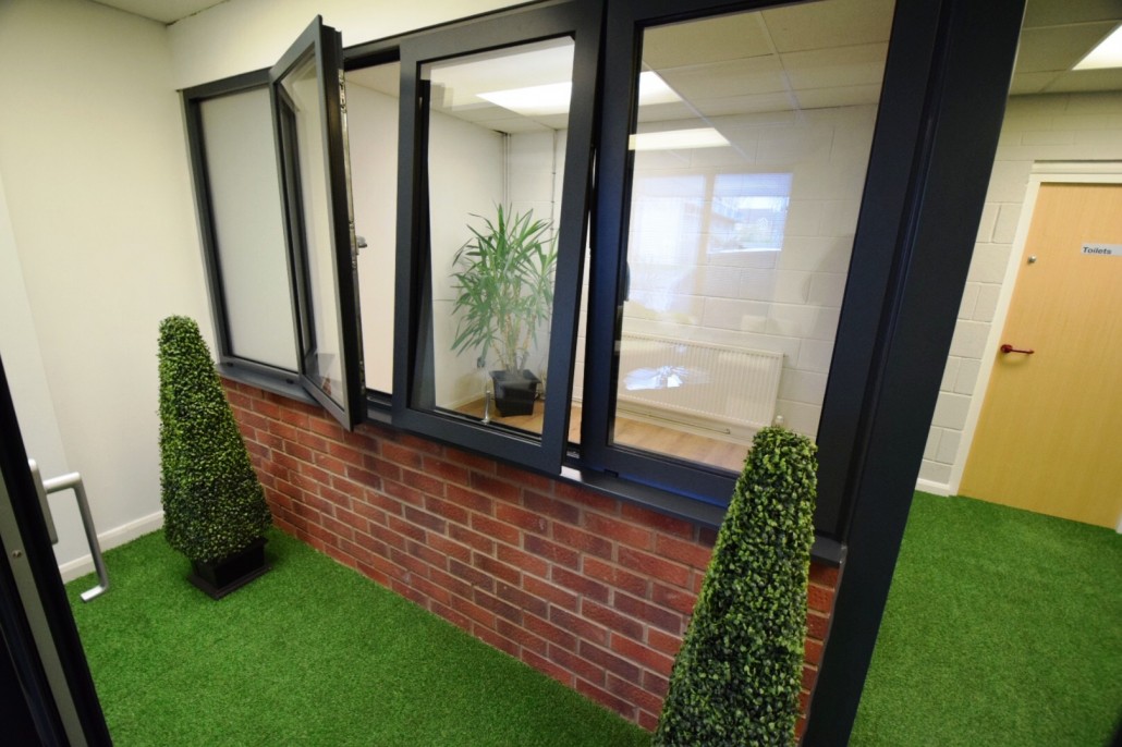 Aluminium windows in the Lite Haus UK showroom in Coventry
